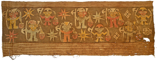 Chimu-Inca mantle depicting warriors holding severed heads, made circa 900-1300 A.D. Mosby & Co. image